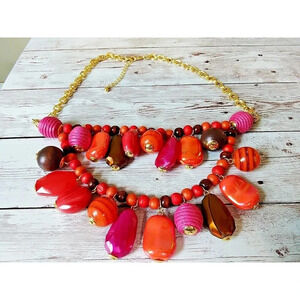 Gorgeous Multimedia Summer Necklace - Red, Pink, Orange, Brown